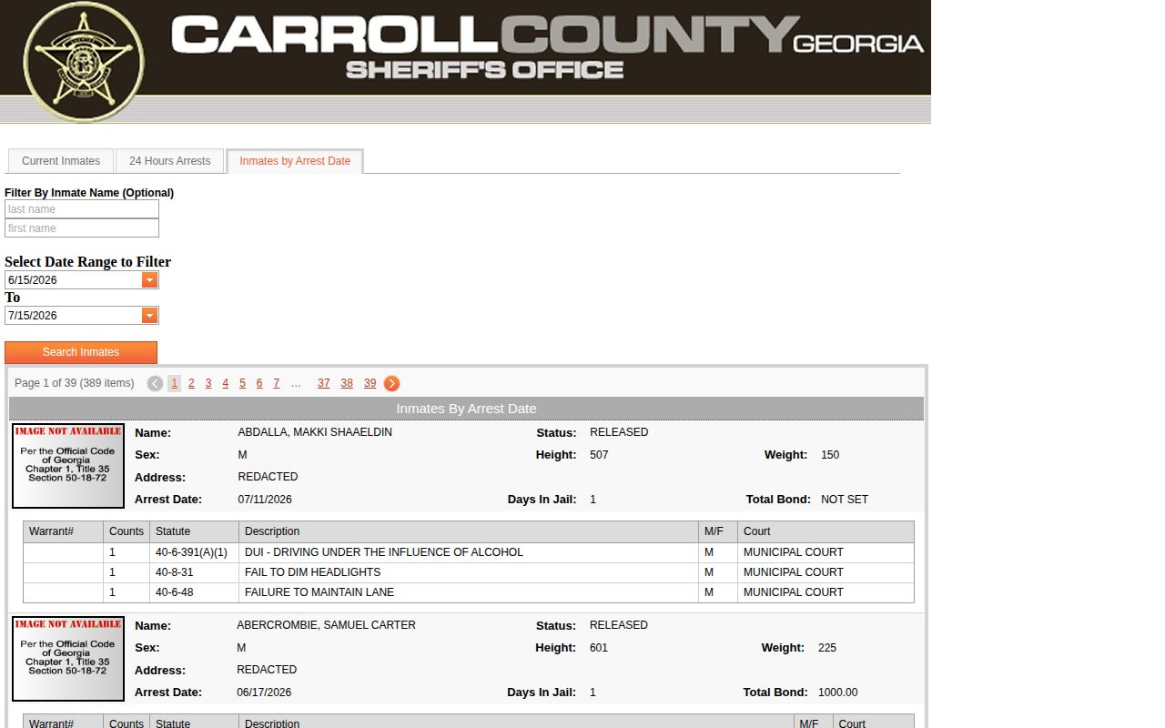 Carroll County arrest-date roster used to check jail release status