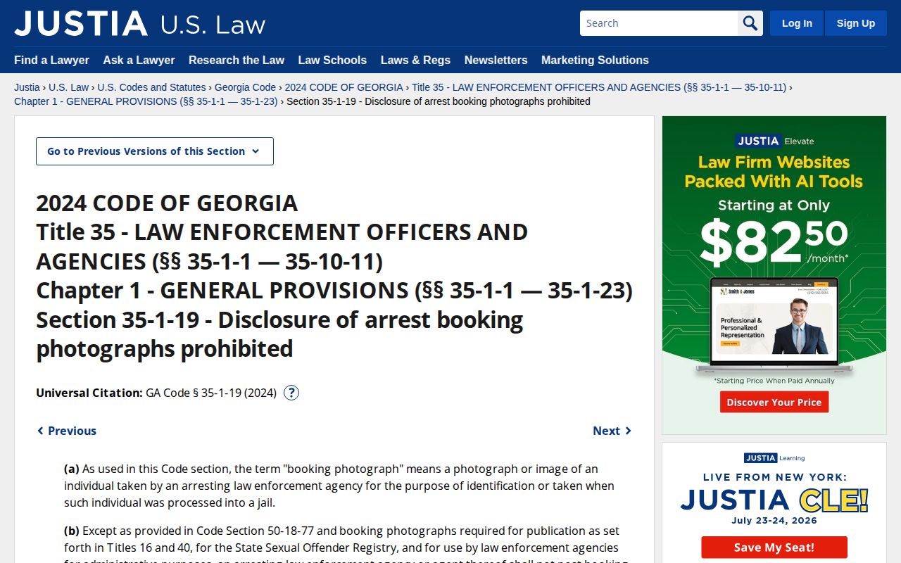 Georgia booking photograph statute webpage